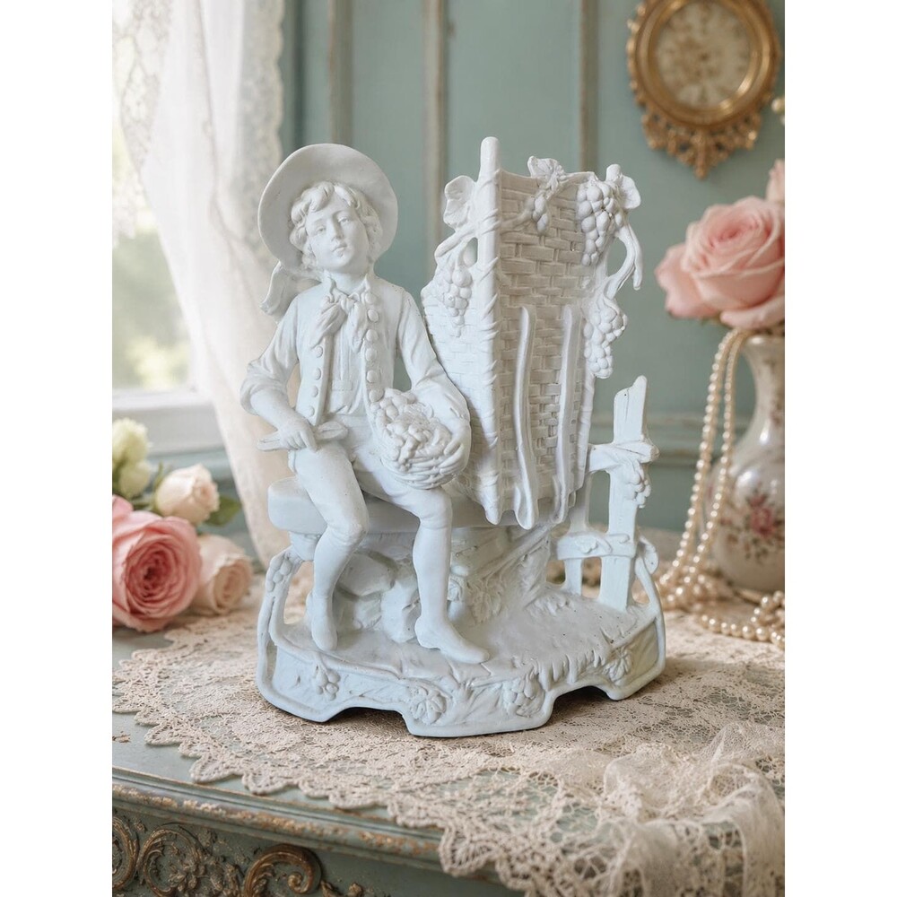 Antique German Bisque Porcelain Boy with Grapes Figural Planter S. DEP 7"